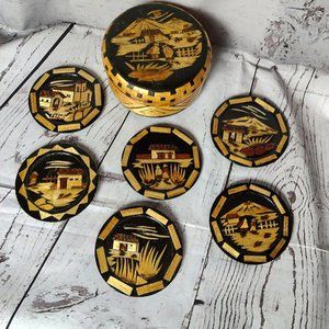 Japan Asian Wood Carved Coasters With Storage Box